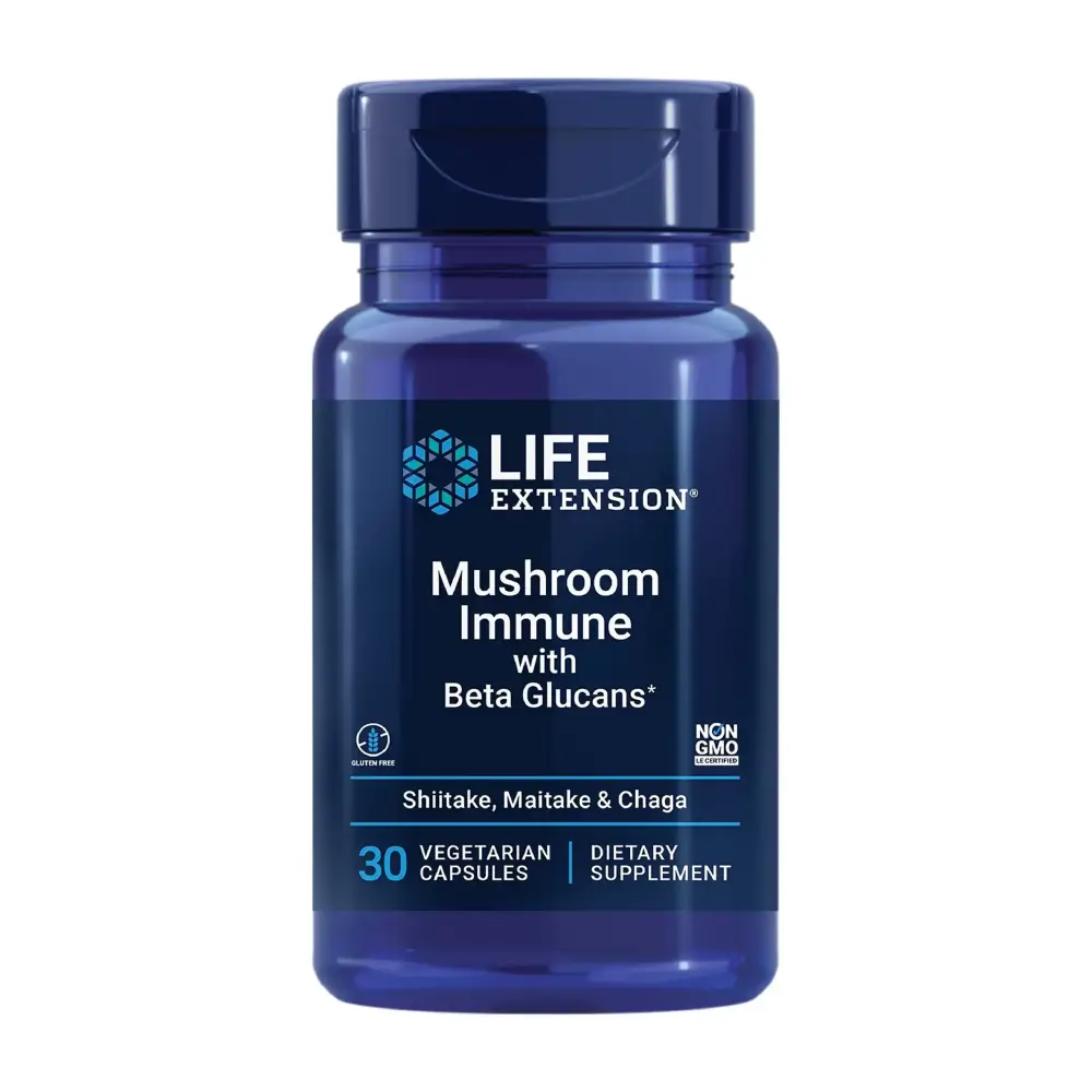 A dark blue plastic bottle of life extension mushroom immune with beta glucans dietary supplement, featuring a matching cap and label detailing its contents as 30 vegetarian capsules.