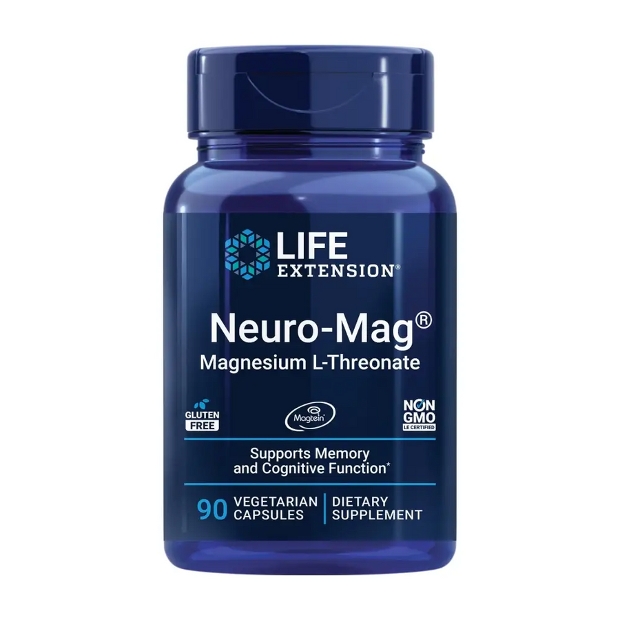 Deep blue plastic bottle of life extension neuro-mag magnesium l-threonate dietary supplement.