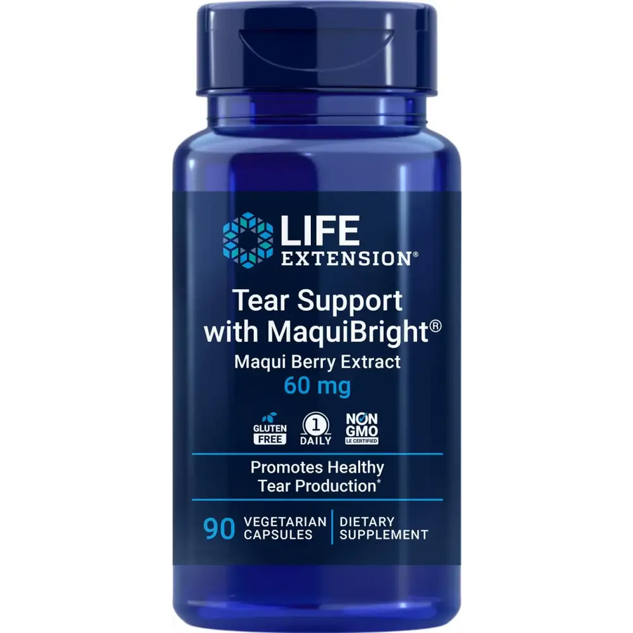 A dark blue, translucent plastic bottle with a matching cap contains 90 vegetarian capsules of life extension tear support with maquibright.