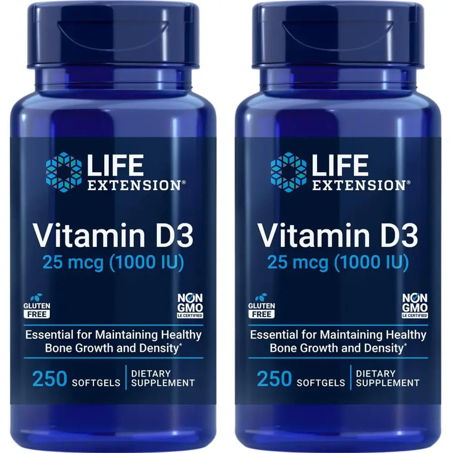 Life Extension Vitamin D3 25 mcg (1000 IU) Immune System Support Bone Health Whole-Body Health Value Size Gluten-Free Non-GMO – Two Pack - 2 x 250 Softgels