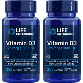 Life Extension Vitamin D3 25 mcg (1000 IU) Immune System Support Bone Health Whole-Body Health Value Size Gluten-Free Non-GMO – Two Pack - 2 x 250 Softgels