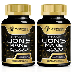 Two black bottles with gold caps and labels, each containing 120 organic lion’s mane 15,000 mg per serving veggie capsules from wellness labsrx.