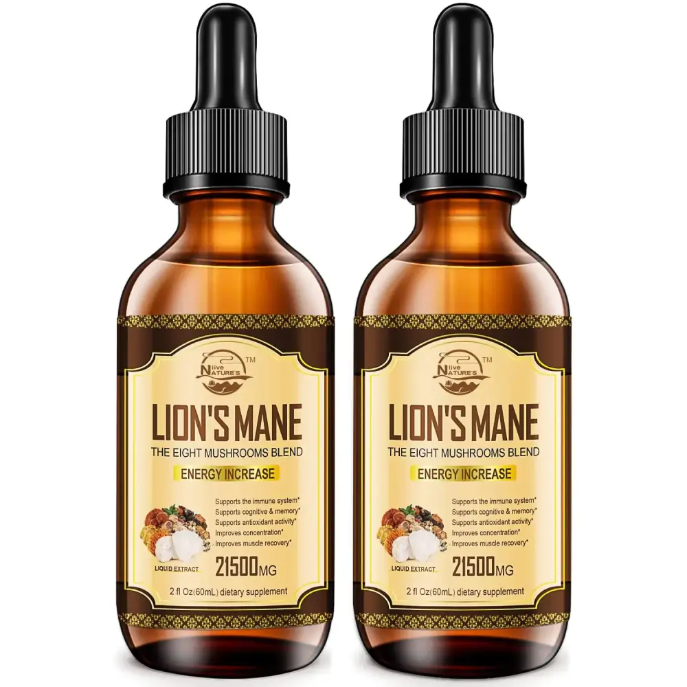 Two amber glass bottles with black dropper caps, each labeled ’lion’s mane the eight mushrooms blend’ and marked as a 2 fl oz (60 ml) dietary supplement containing 2150 mg of liquid extract.