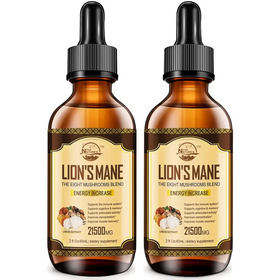 Two amber glass bottles with black dropper caps, each labeled ’lion’s mane the eight mushrooms blend’ and marked as a 2 fl oz (60 ml) dietary supplement containing 2150 mg of liquid extract.