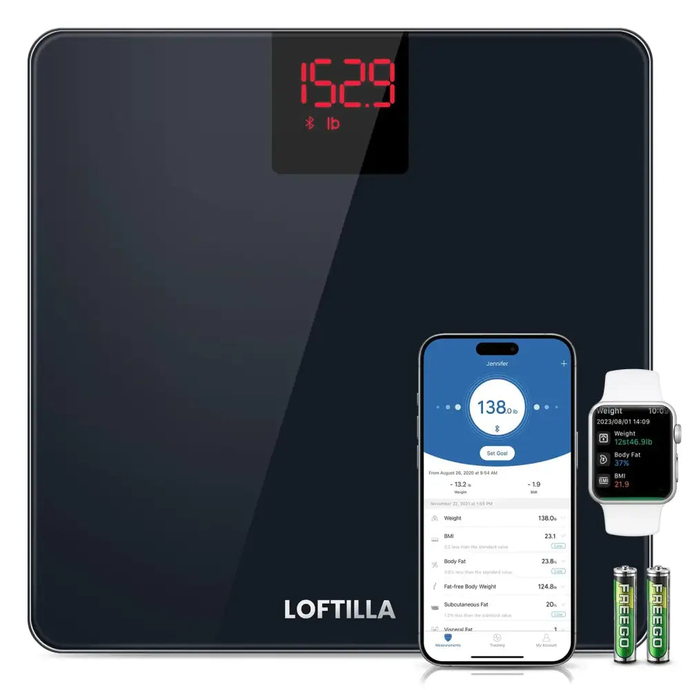 Black digital scale with red led display showing weight and bluetooth connectivity, branded loftilla.