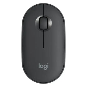 Black logitech wireless mouse with a sleek, minimalist design and metallic scroll wheel.