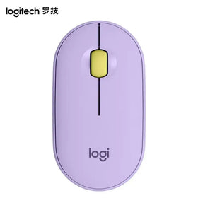 Lilac-colored logitech wireless mouse with a yellow scroll wheel and minimalist design.