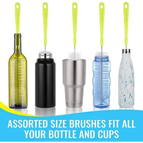 Set of five lime green-handled bottle brushes with flexible bristles, designed to clean various types and sizes of bottles and cups.