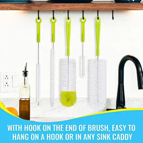 Set of five lime green-handled bottle brushes with white bristles and hook ends, designed for cleaning bottles or baby feeding equipment.