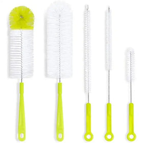 Set of five neon green-handled bottle brushes with white bristles, including one with a yellow brush head.