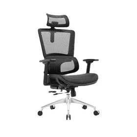 Black mesh ergonomic office chair with adjustable headrest and armrests, featuring a chrome five-star base.