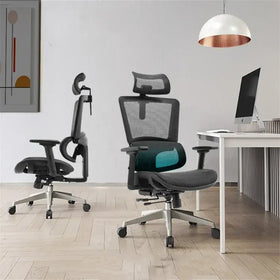 Black mesh office chair with a teal lumbar support cushion and silver base