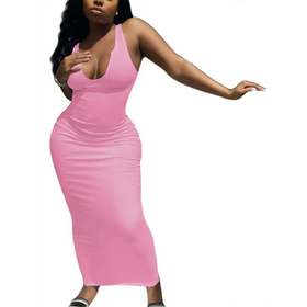 A form-fitting pink midi dress with a deep scoop neckline and ruched detailing along the sides.