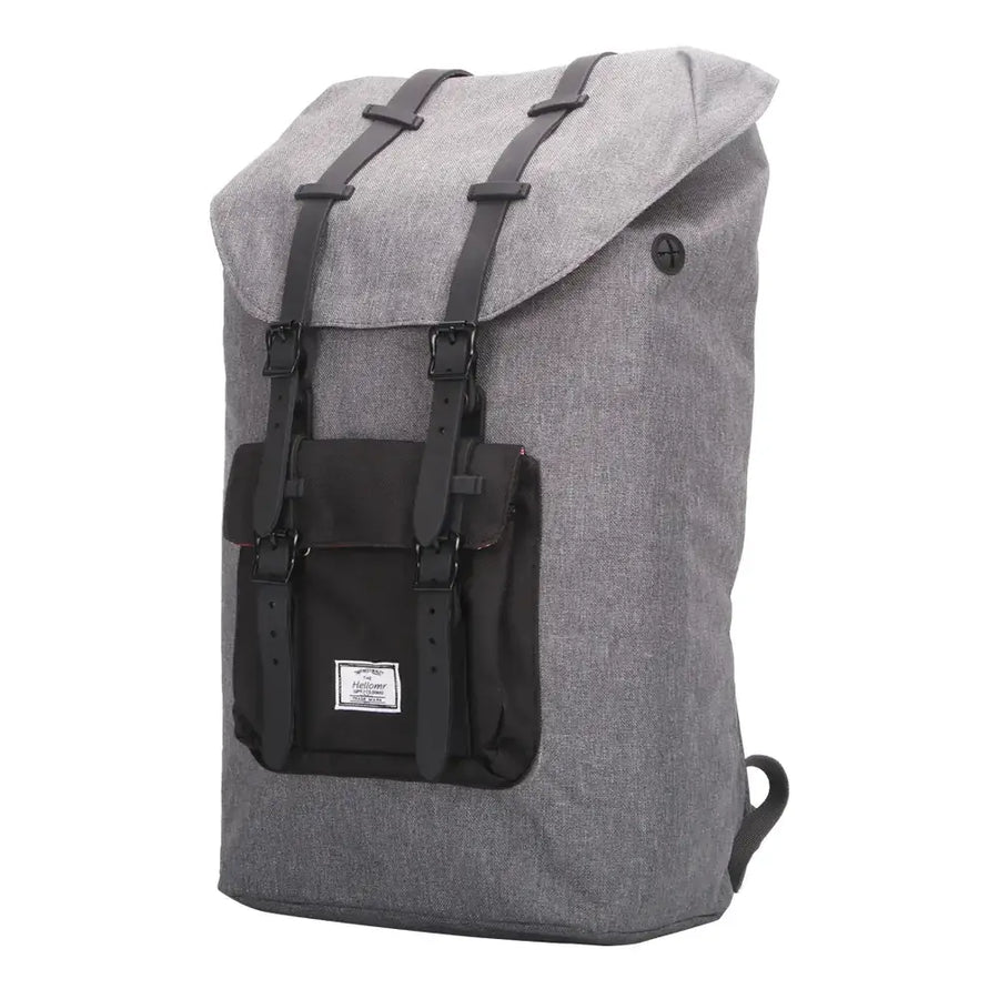 Gray heathered canvas backpack with black straps and front pocket, featuring a minimalist design.