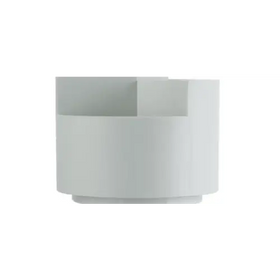 White cylindrical container with a stepped, geometric design and smooth, glossy finish.