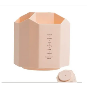 Beige octagonal desk organizer with a minimalist design and subtle text printed on its side.
