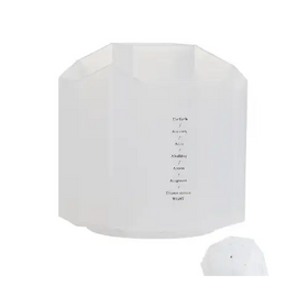 A translucent white, geometrically shaped collapsible pouch with a minimalist black text design on its front.