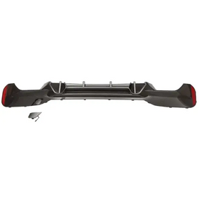 Black carbon fiber rear bumper with integrated red taillight housings and a central diffuser design.