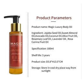 A sleek 100ml bottle of magic luxury body oil with a gold pump and amber glass, featuring an elegant red label adorned with intricate patterns.