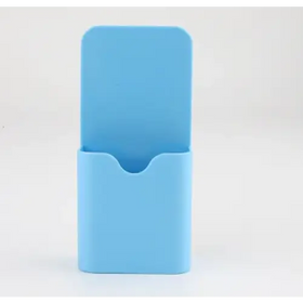 Light blue plastic business card holder with a simple rectangular design and rounded edges.