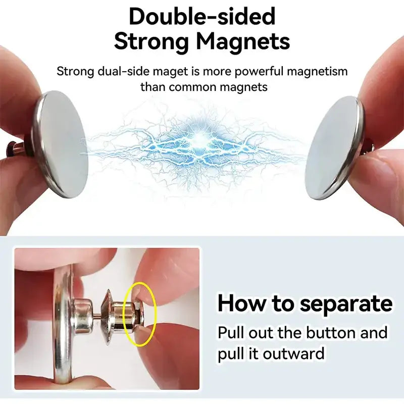 Silver double-sided strong magnets with a metallic finish and magnetic button design.