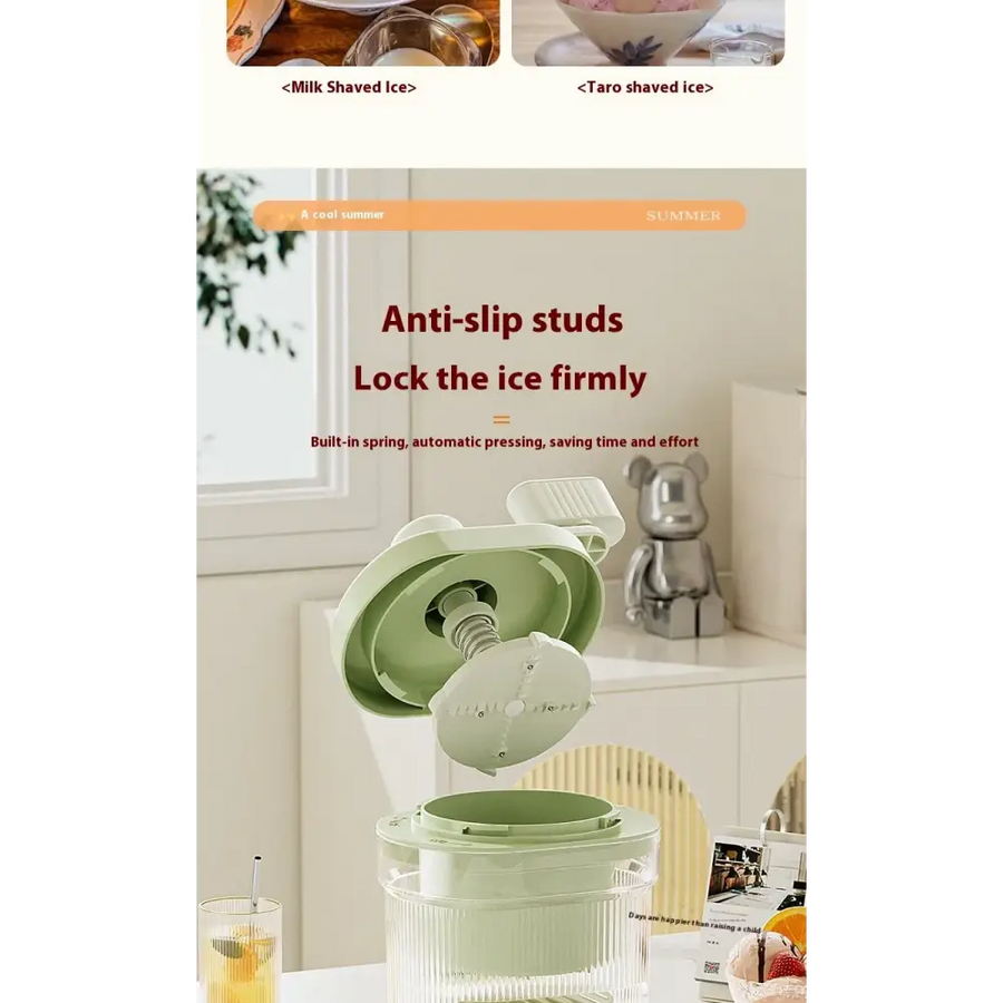 Light green plastic ice shaver with anti-slip studs and a built-in spring mechanism.