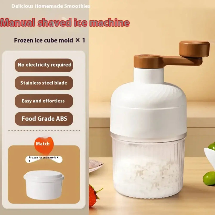 White manual shaved ice machine with a wooden handle and stainless steel blade.