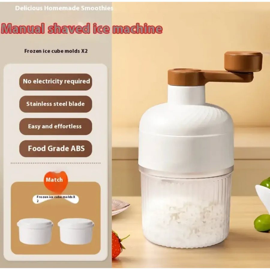 White and brown manual shaved ice machine with a stainless steel blade and food grade abs plastic body.