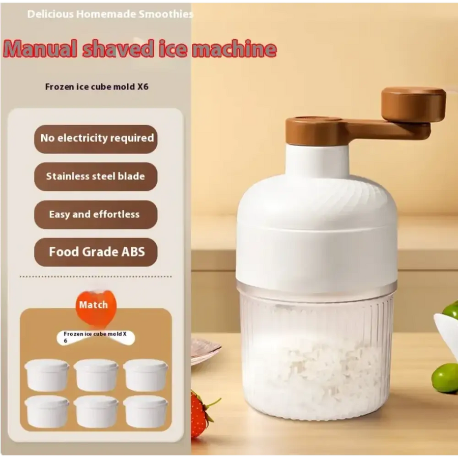 White manual shaved ice machine with a wooden handle and stainless steel blade.