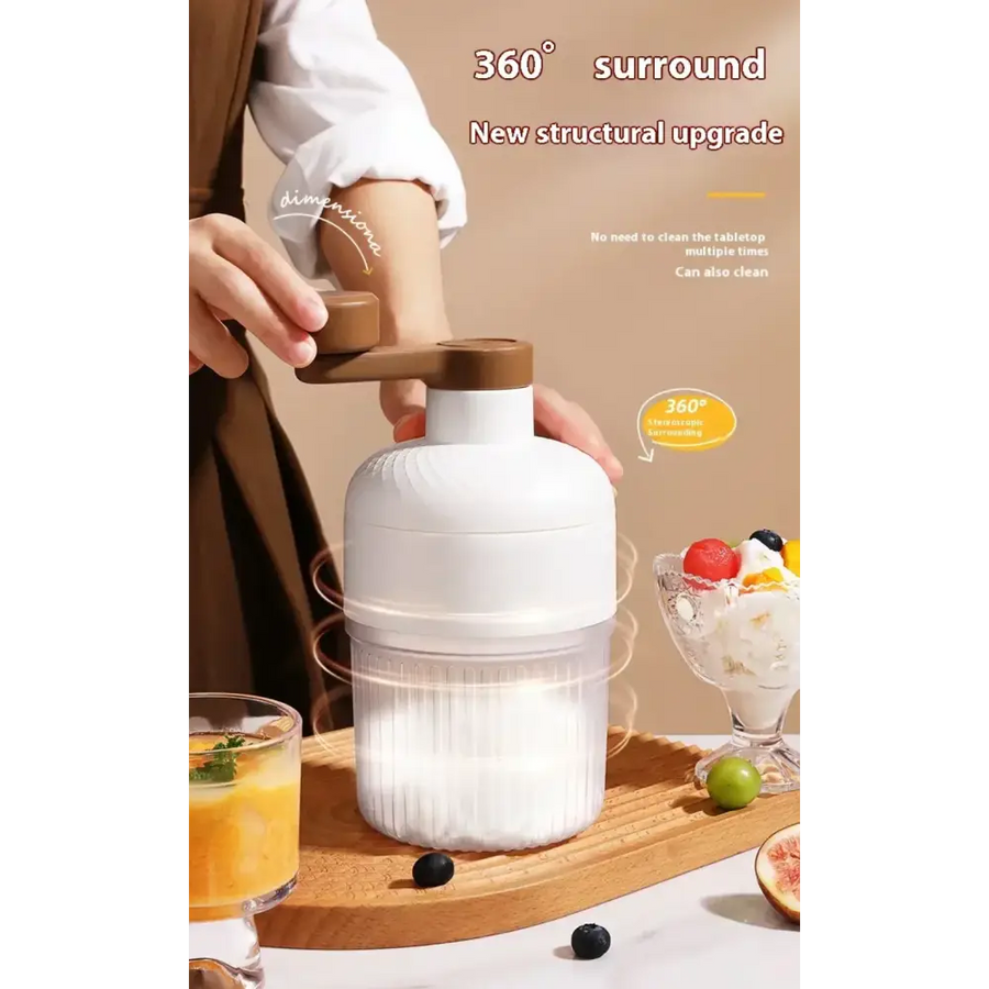 White and brown hand-cranked blender with ribbed plastic body.