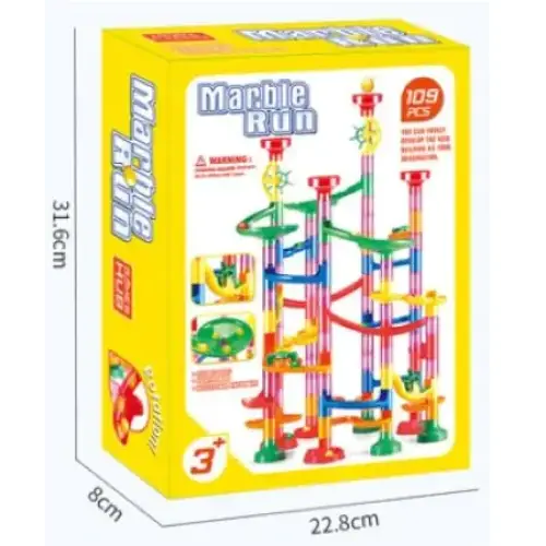 Brightly colored plastic marble run set with red, green, blue and yellow tracks.