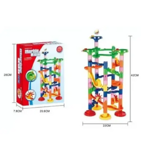 Colorful plastic marble run toy with transparent and opaque sections in green, blue, orange, pink, and yellow.