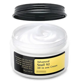 White jar with black lid and yellow label containing advanced snail 92 all in one cream.