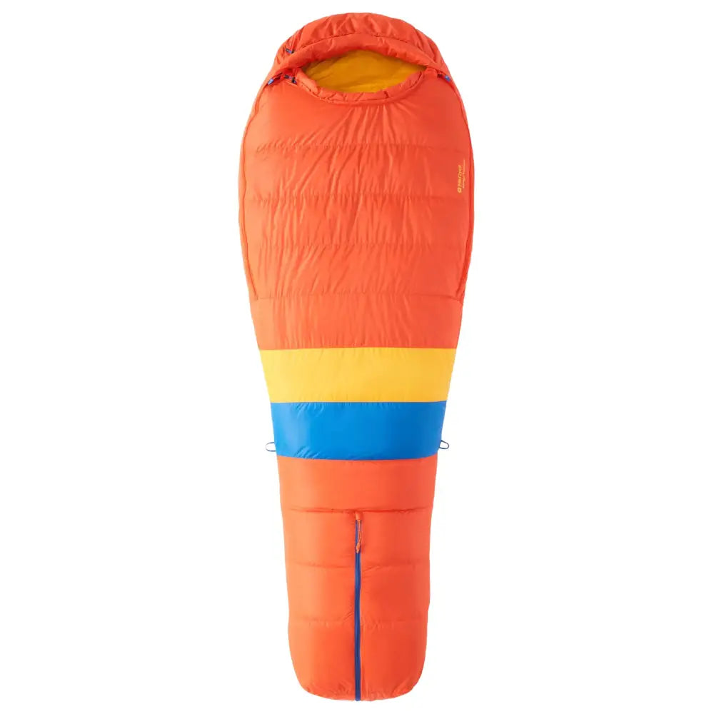 Vibrant orange sleeping bag with bold yellow and blue horizontal stripes, featuring a quilted design and a contrasting yellow interior lining.