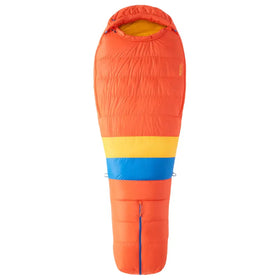 Vibrant orange sleeping bag with bold yellow and blue horizontal stripes, featuring a quilted design and a contrasting yellow interior lining.