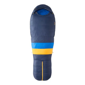 Navy blue sleeping bag with a bold horizontal stripe of bright blue and yellow, featuring a zipper along the bottom.