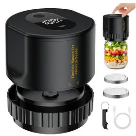 Black electric mason jar vacuum sealer with digital display and textured grip.