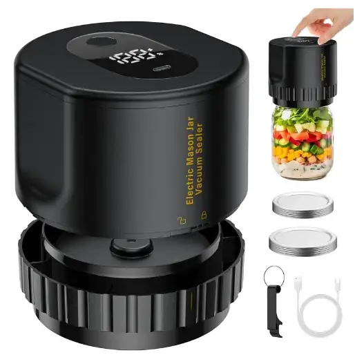 Black electric mason jar vacuum sealer with digital display and textured grip.
