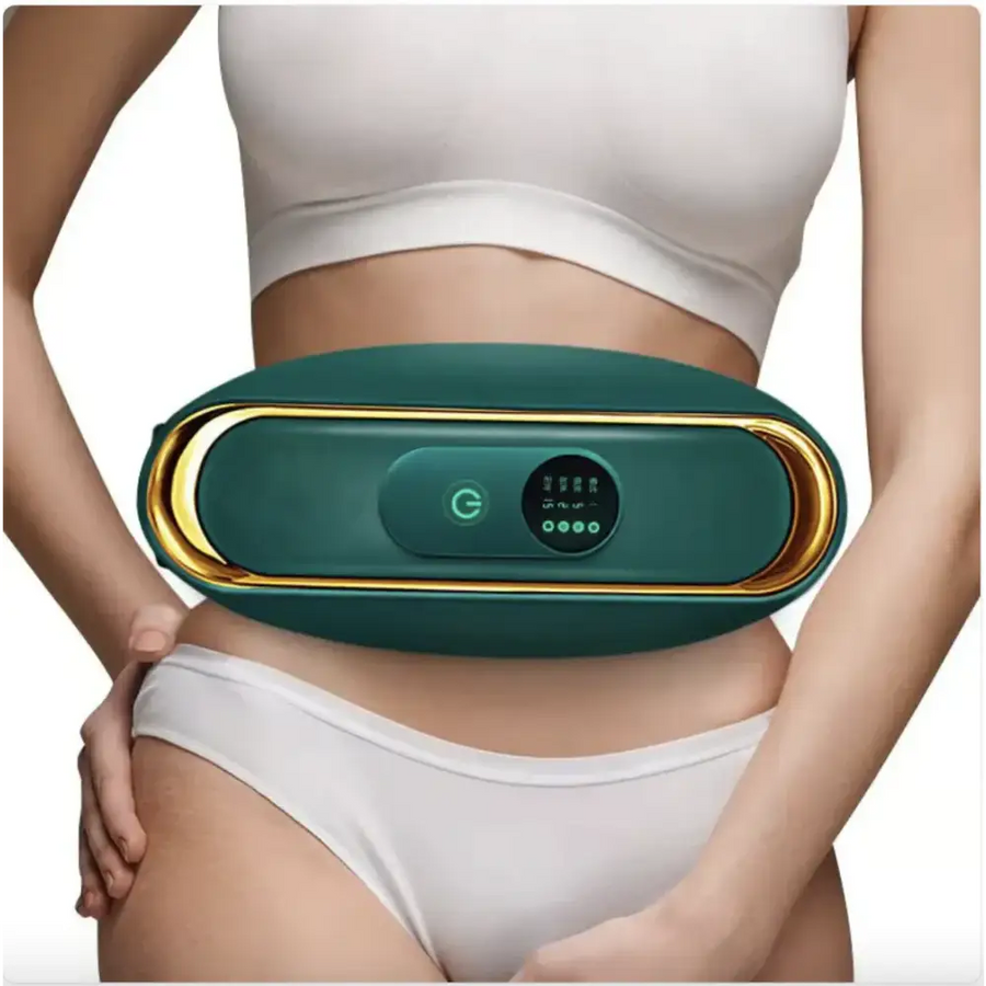 Teal and gold abdominal massage belt with digital display.