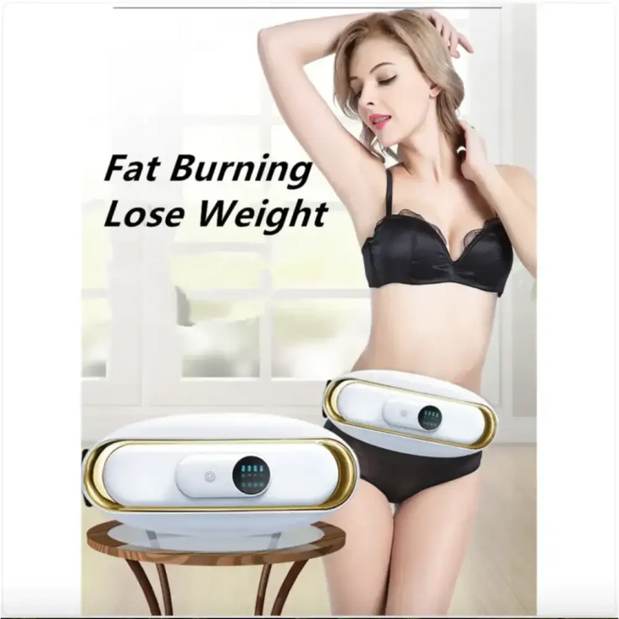 White and gold abdominal fat burner belt with digital display