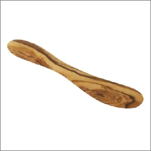 A smooth, handcrafted olive wood spreader with a natural grain pattern and warm golden-brown tones.