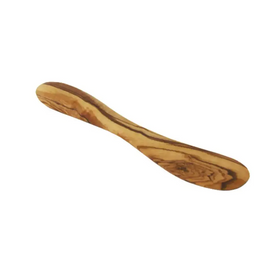 A smooth, handcrafted olive wood spreader with a natural grain pattern and warm golden-brown tones.