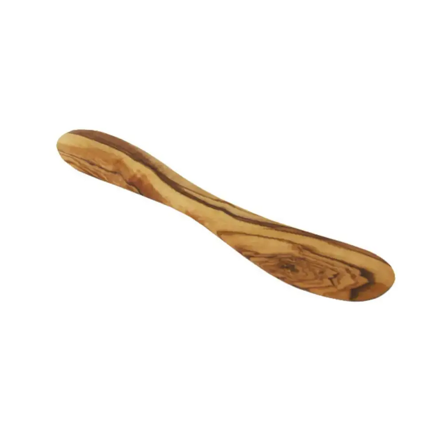 A smooth, handcrafted olive wood spreader with a natural grain pattern and warm golden-brown tones.