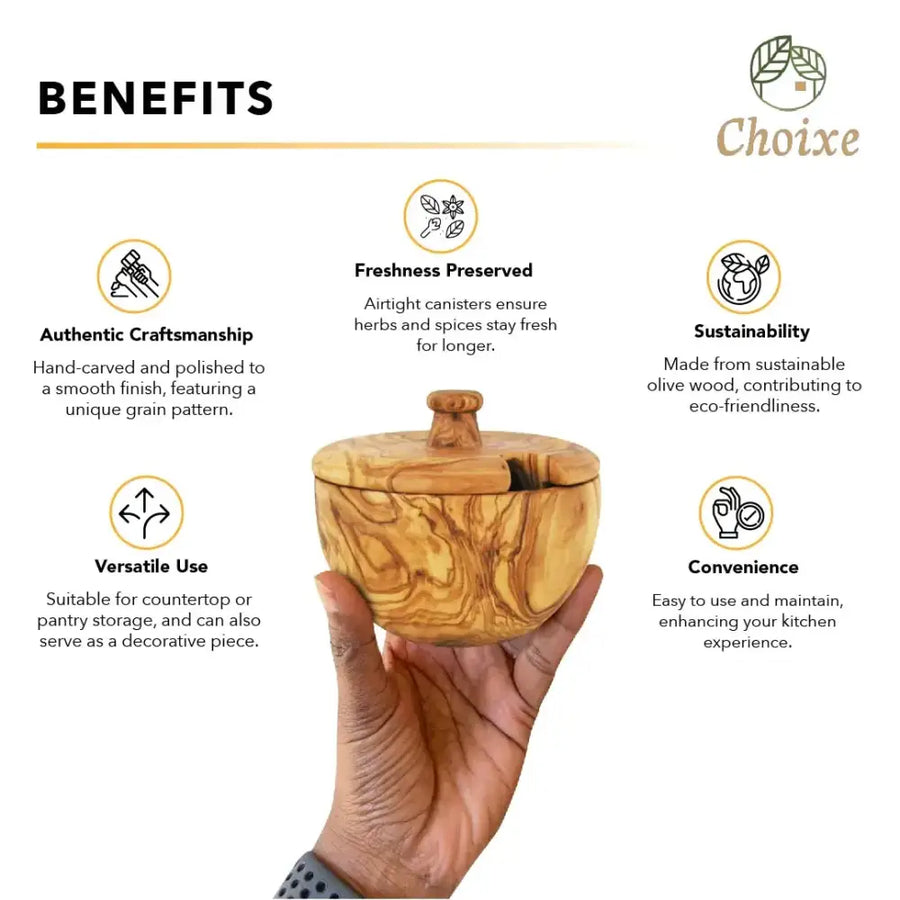 Hand-carved olive wood spice jar with a natural, swirling grain pattern and a matching lid.