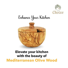 A round, handcrafted mediterranean olive wood sugar bowl with a natural grain pattern and a matching lid featuring a small knob handle.