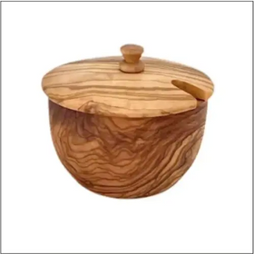 A round olive wood sugar bowl with a matching lid featuring a small knob handle and an integrated spoon slot.