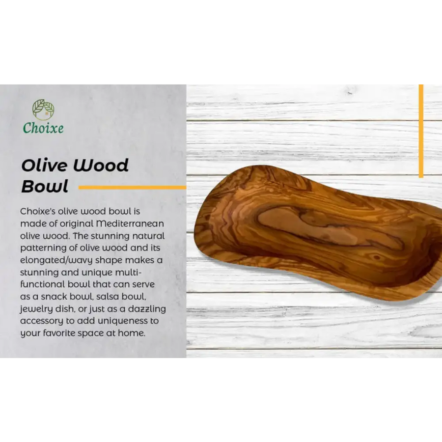A handcrafted olive wood bowl with a rich, warm brown hue and natural wavy grain patterns.