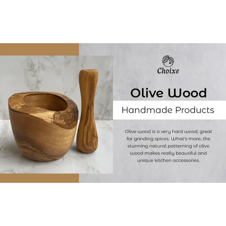 Handcrafted olive wood mortar and pestle set with natural grain patterns.