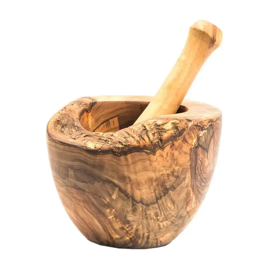 Handcrafted olive wood mortar and pestle with a natural, rustic finish.