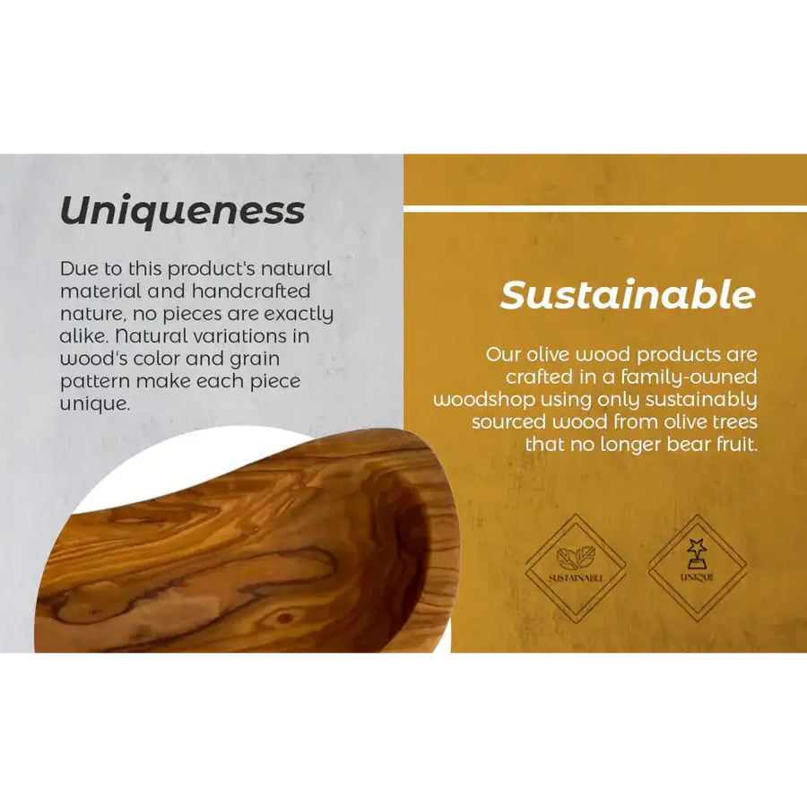 Handcrafted olive wood bowl with natural, warm brown tones and distinctive grain patterns.